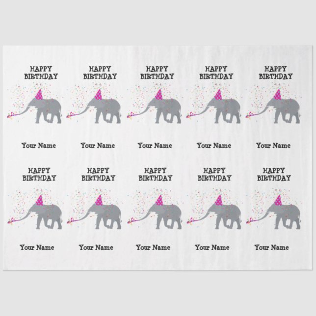 Elephant Partying - Animals at Birthday Party Name Tissue Paper (Front)