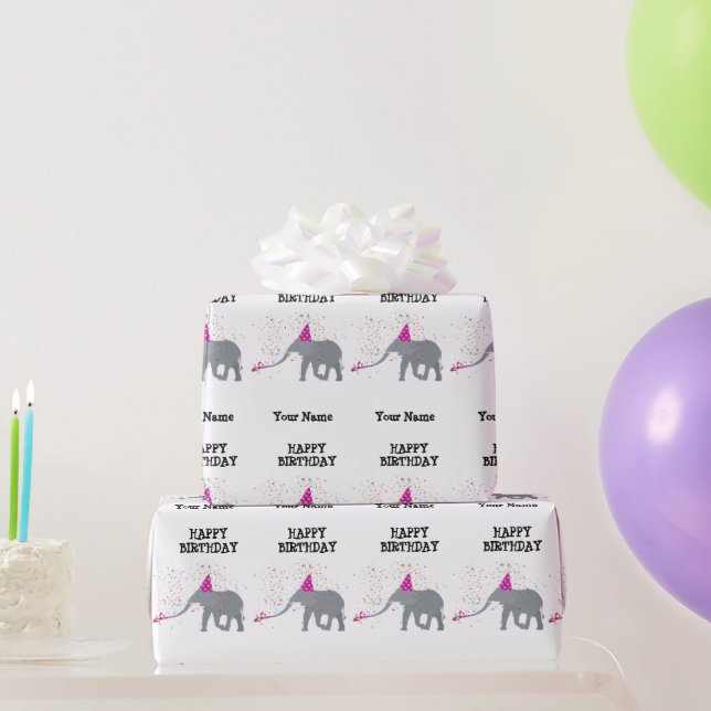 Elephant Partying - Animals at Birthday Party Name Wrapping Paper (Party Gifts)