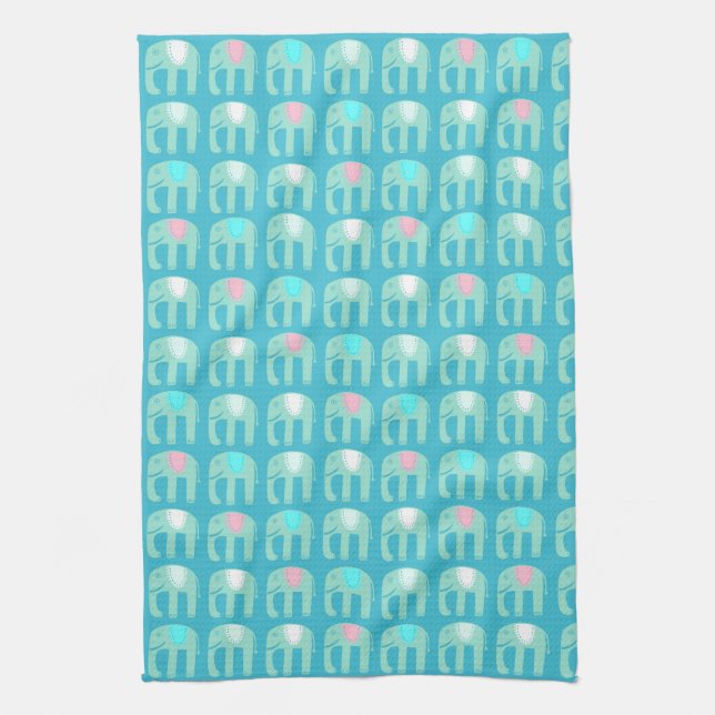 Elephant Pattern Aqua Blue Tea Towel (Vertical)