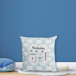 Elephant Pattern Birth Announcement Stats Blue Cushion