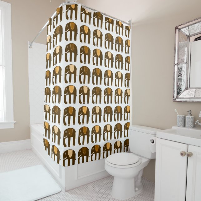Elephant Pattern Neutral Brown Shower Curtain (In Situ)
