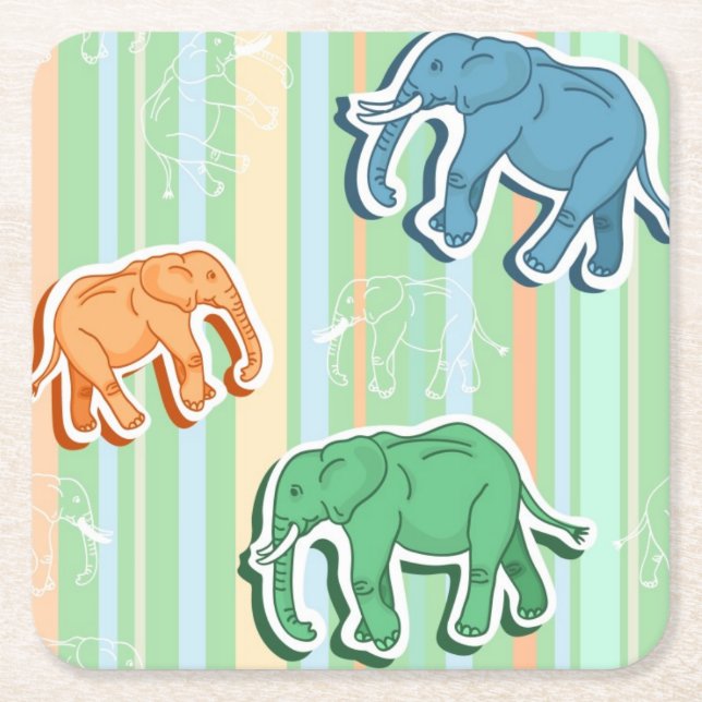 Elephant Pattern On Green Stripes Square Paper Coaster (Front)