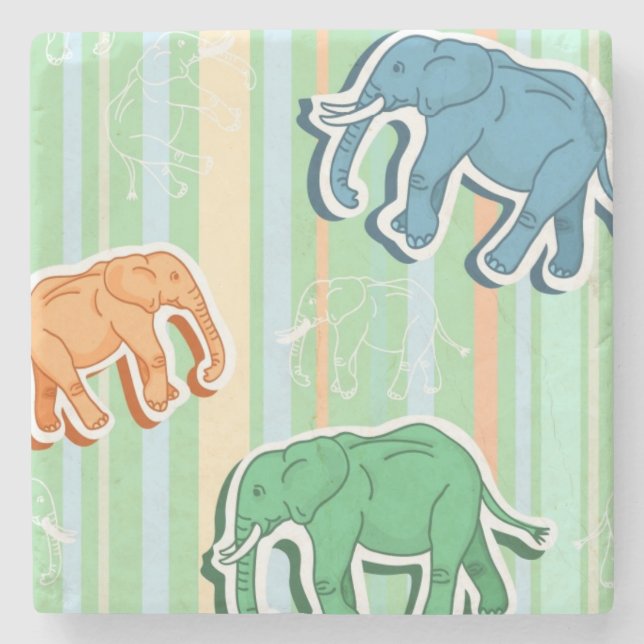 Elephant Pattern On Green Stripes Stone Coaster (Front)