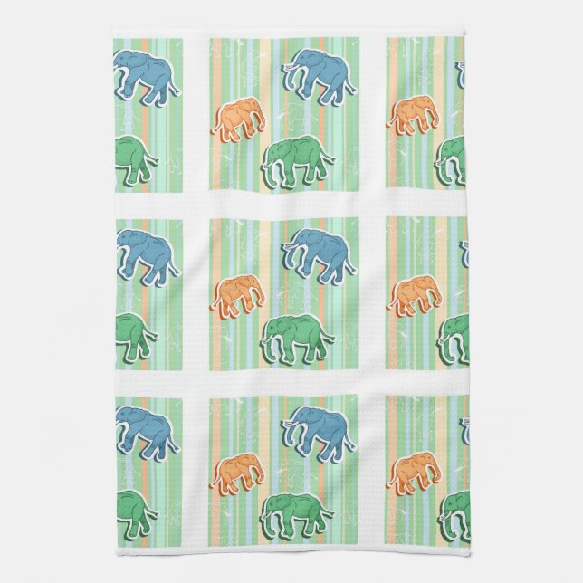Elephant Pattern On Green Stripes Tea Towel (Vertical)