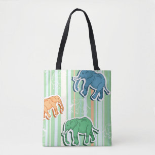 Elephant Pattern On Green Stripes Tote Bag
