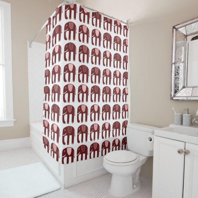 Elephant Pattern Pink Red Shower Curtain (In Situ)