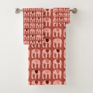 Elephant Pattern Red Pink Bath Towel Set