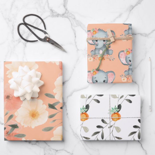 Elephant Peach Fuzz Baby Shower Cute Girly Floral Wrapping Paper Sheet (Front)