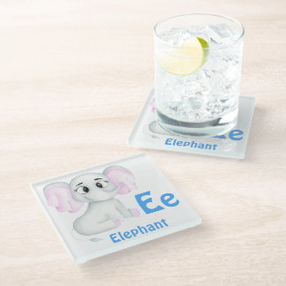 Elephant personalise ABC: Letter E - Add Your Name Glass Coaster