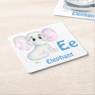 Elephant personalise ABC: Letter E - Add Your Name Square Paper Coaster