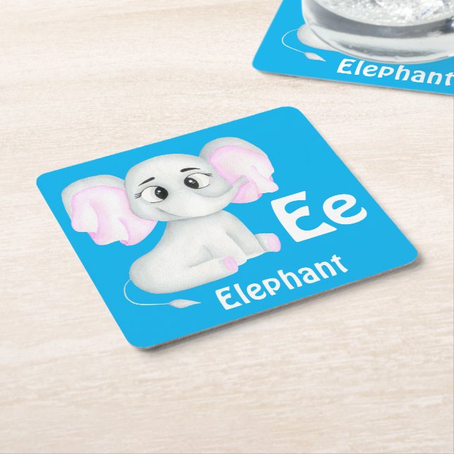 Elephant personalise ABC: Letter E - Add Your Name Square Paper Coaster (Angled)