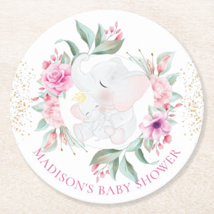 Elephant Personalised Girl baby shower Round Paper Coaster