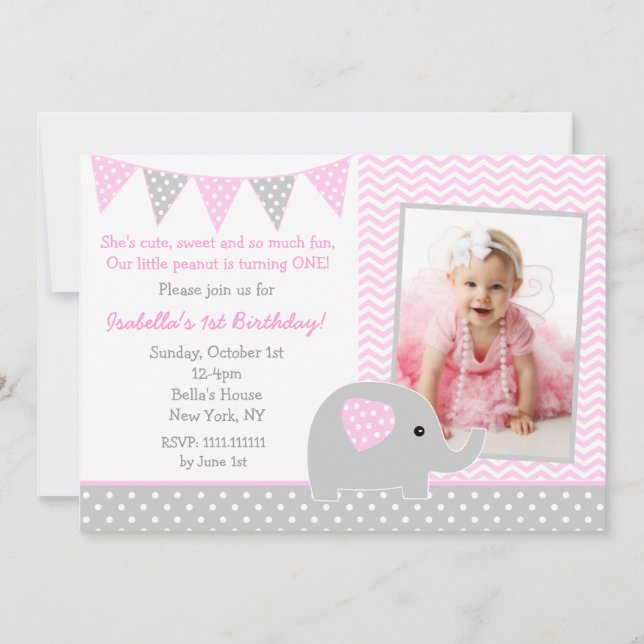 Elephant Photo Birthday Party Invitations (Front)