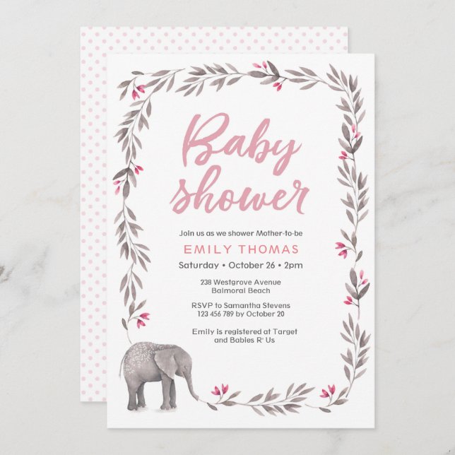 Elephant pink and grey Baby Shower Invitation (Front/Back)