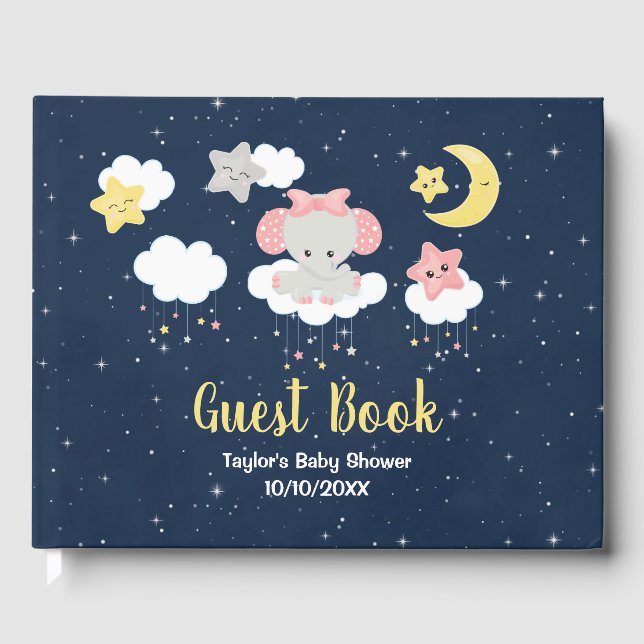 Elephant Pink and Navy Baby Shower Guest Book (Front)