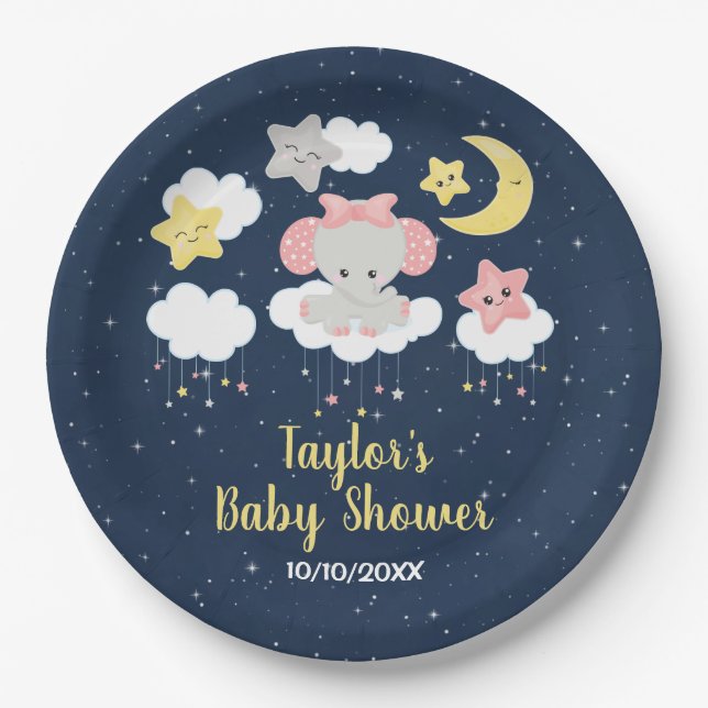 Elephant Pink and Navy Baby Shower Paper Plate (Front)