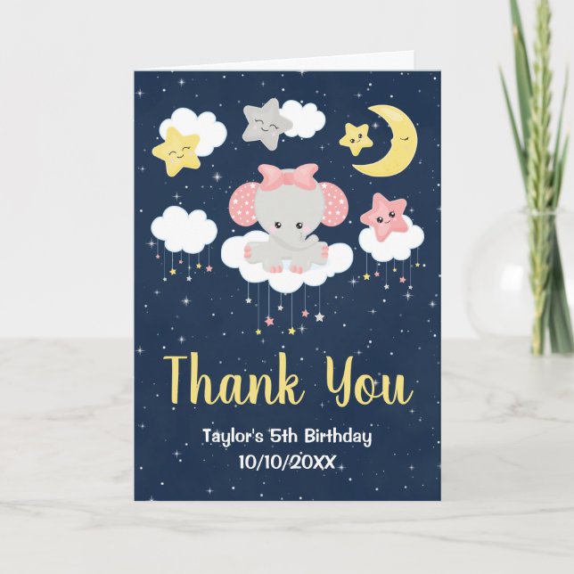 Elephant Pink and Navy Birthday Party Thank You Card (Front)
