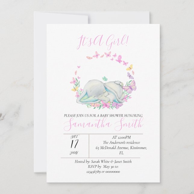 Elephant Pink Baby Shower  Butterflies Invitation (Front)