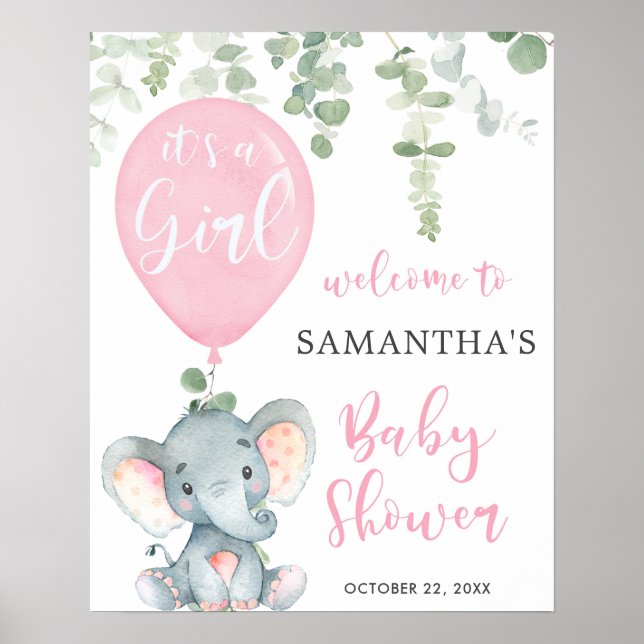 Elephant pink balloon girl baby shower welcome poster (Front)