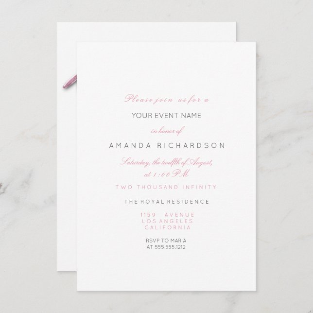 Elephant Pink Birthday Party Baby Shower White Invitation (Front/Back)