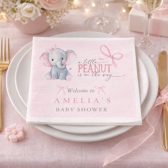 Elephant Pink Bow Baby Girl Shower Napkin (Elephant Pink Bow Baby Girl Shower Napkins)