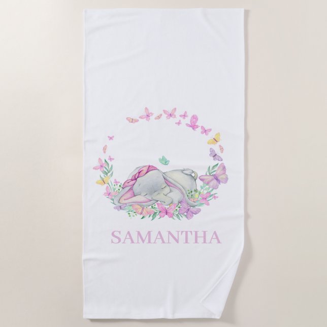 Elephant PINK BUTTERFLY  Beach Towel (Front)