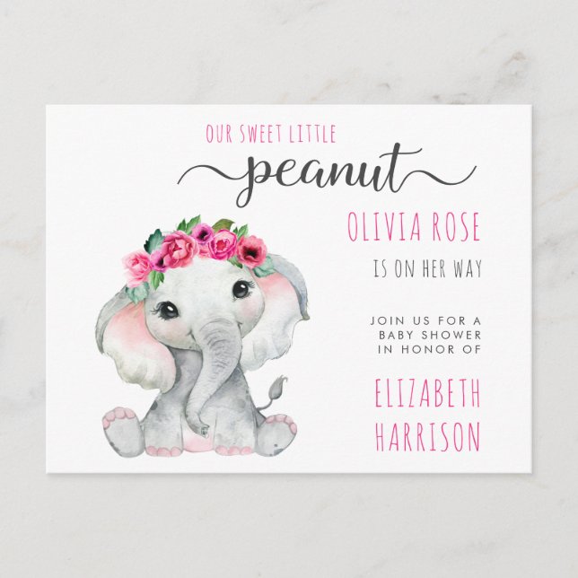 Elephant Pink Floral Baby Girl Shower Invitation Postcard (Front)