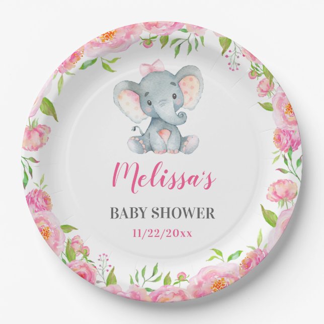 Elephant Pink Floral Baby Girl Shower Sprinkle Paper Plate (Front)