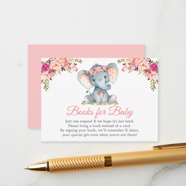 Elephant Pink Floral Baby Shower Books For Baby Enclosure Card (Front/Back In Situ)