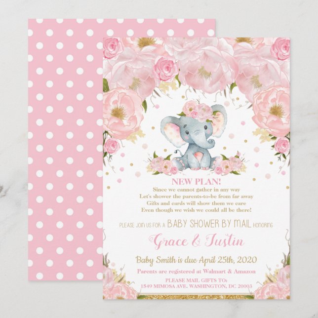 Elephant Pink Floral Baby Shower by Mail Girl Invitation (Front/Back)