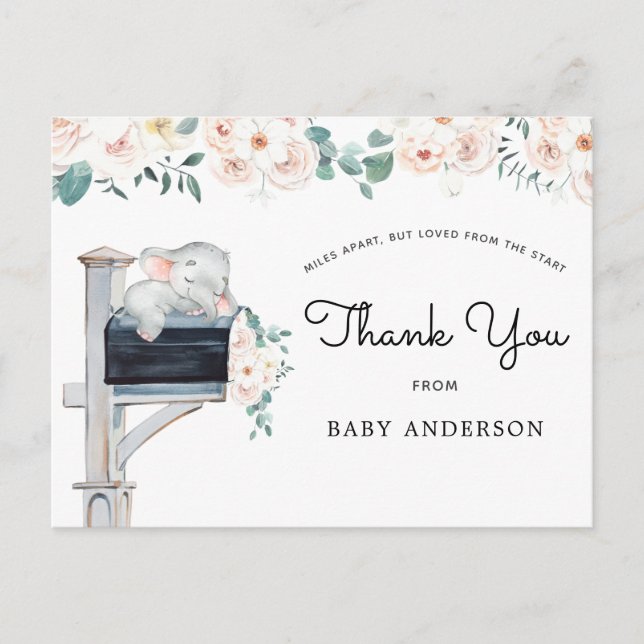 Elephant Pink Floral Baby Shower by Mail Thank You Postcard (Front)