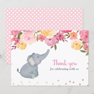Elephant Pink Floral Baby Shower Thank You Invitation