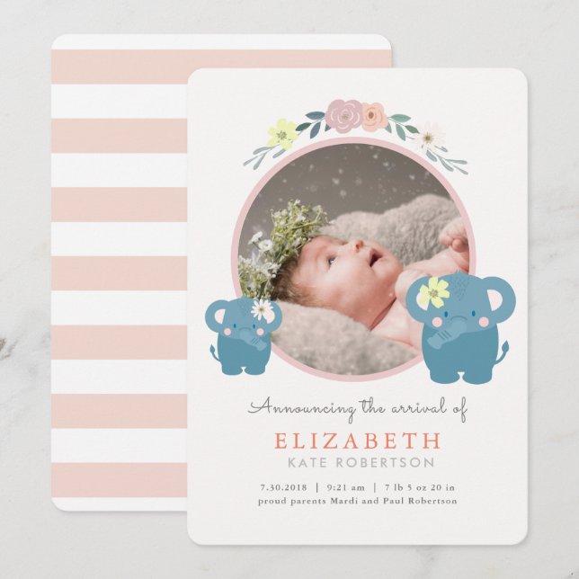 Elephant Pink Floral Girl Photo Birth Announcement (Front/Back)