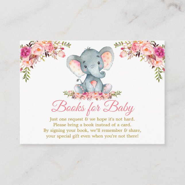 Elephant Pink Floral Gold Books For Baby Shower Enclosure Card (Front)