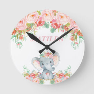 Elephant Pink Floral Kids Nursery Bedroom Decor Round Clock