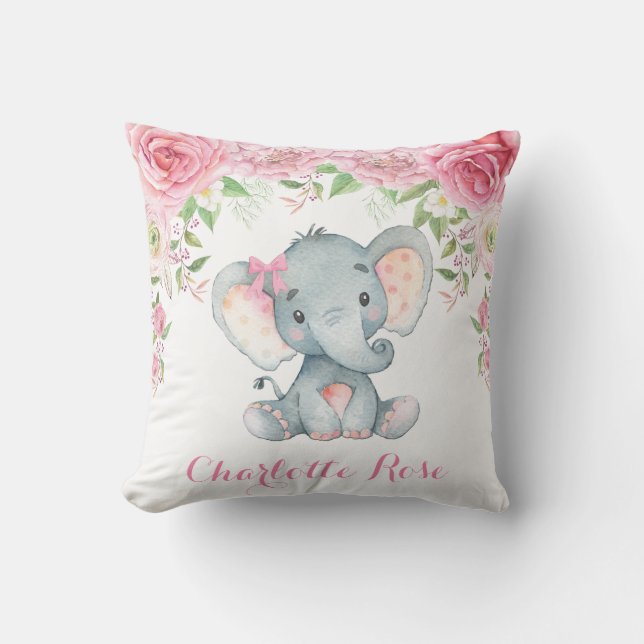 Elephant Pink Floral Roses Baby Girl Nursery Decor Cushion (Front)