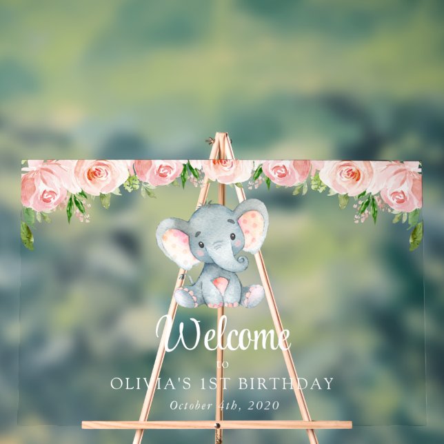 Elephant, Pink Flowers, First Birthday Welcome Acrylic Sign (Neutral)