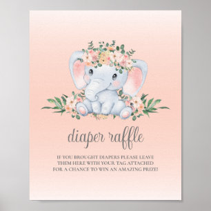 Elephant Pink Girl Baby Shower Diaper Raffle Sign