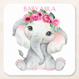 Elephant pink girl baby shower favor square paper coaster