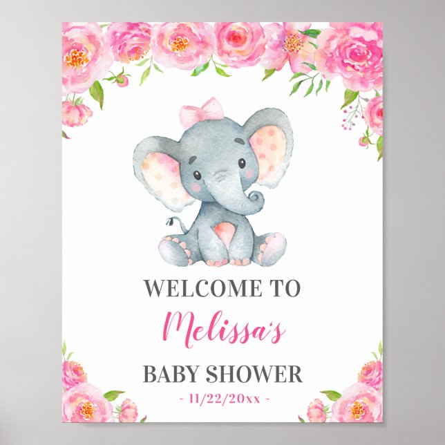 Elephant Pink Girl Baby Shower Sprinkle Welcome Poster (Front)