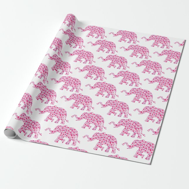 Elephant Pink Hearts of Love Wrapping Paper (Unrolled)