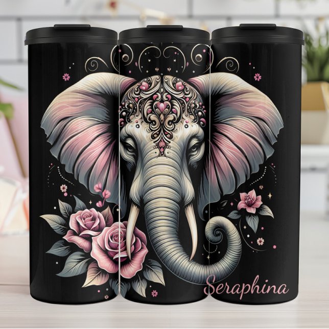  Elephant: Pink Lotus, Floral Head Thermal Tumbler (Creator Uploaded)