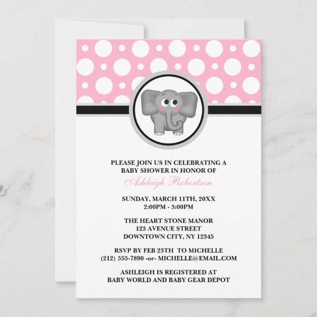 Elephant Pink Polka Dot Baby Shower Invitations (Front)