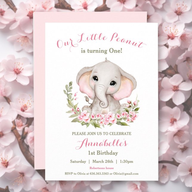 Elephant Pink Spring 1st Birthday Girl Invitation (Elephant Pink Spring 1st Birthday Girl Invitation)