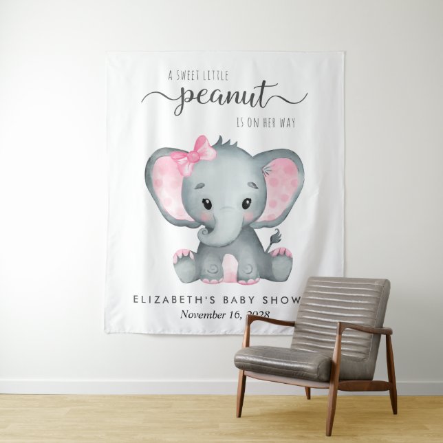 Elephant Pink Watercolor Baby Girl Shower Backdrop Tapestry (In Situ)