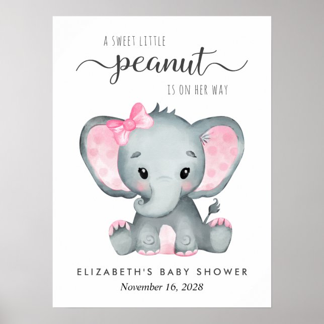 Elephant Pink Watercolor Baby Girl Shower Welcome Poster (Front)