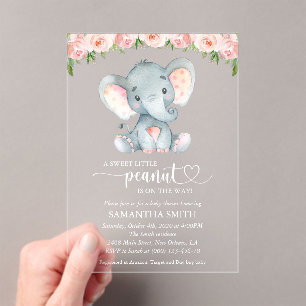 Elephant, Pink Watercolor Flowers, Baby Shower Acrylic Invitations