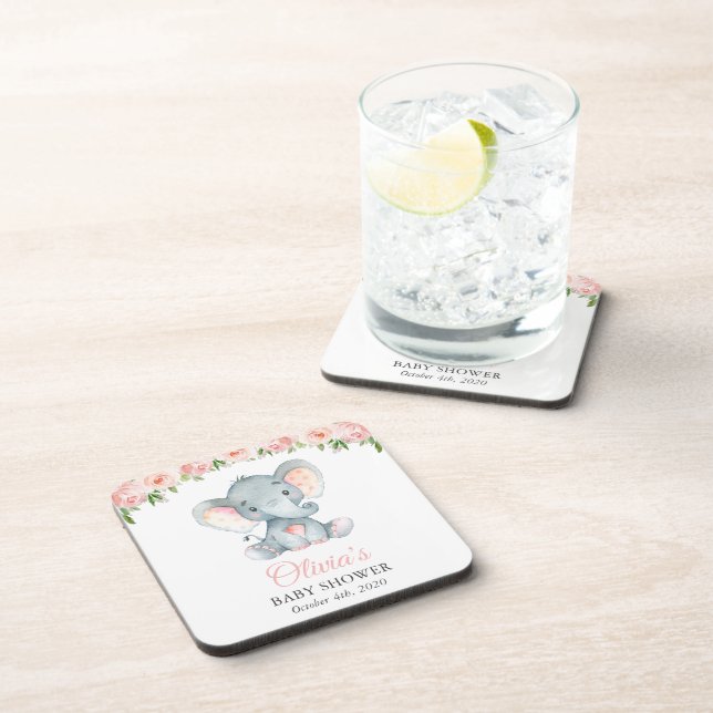 Elephant, Pink Watercolor Flowers, Baby Shower Coaster (Right Side)