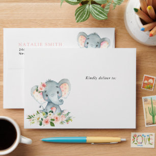 Elephant, Pink Watercolor Flowers, Baby Shower Envelope