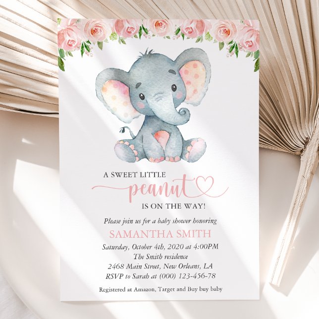 Elephant, Pink Watercolor Flowers, Baby Shower Invitation (Creator Uploaded)